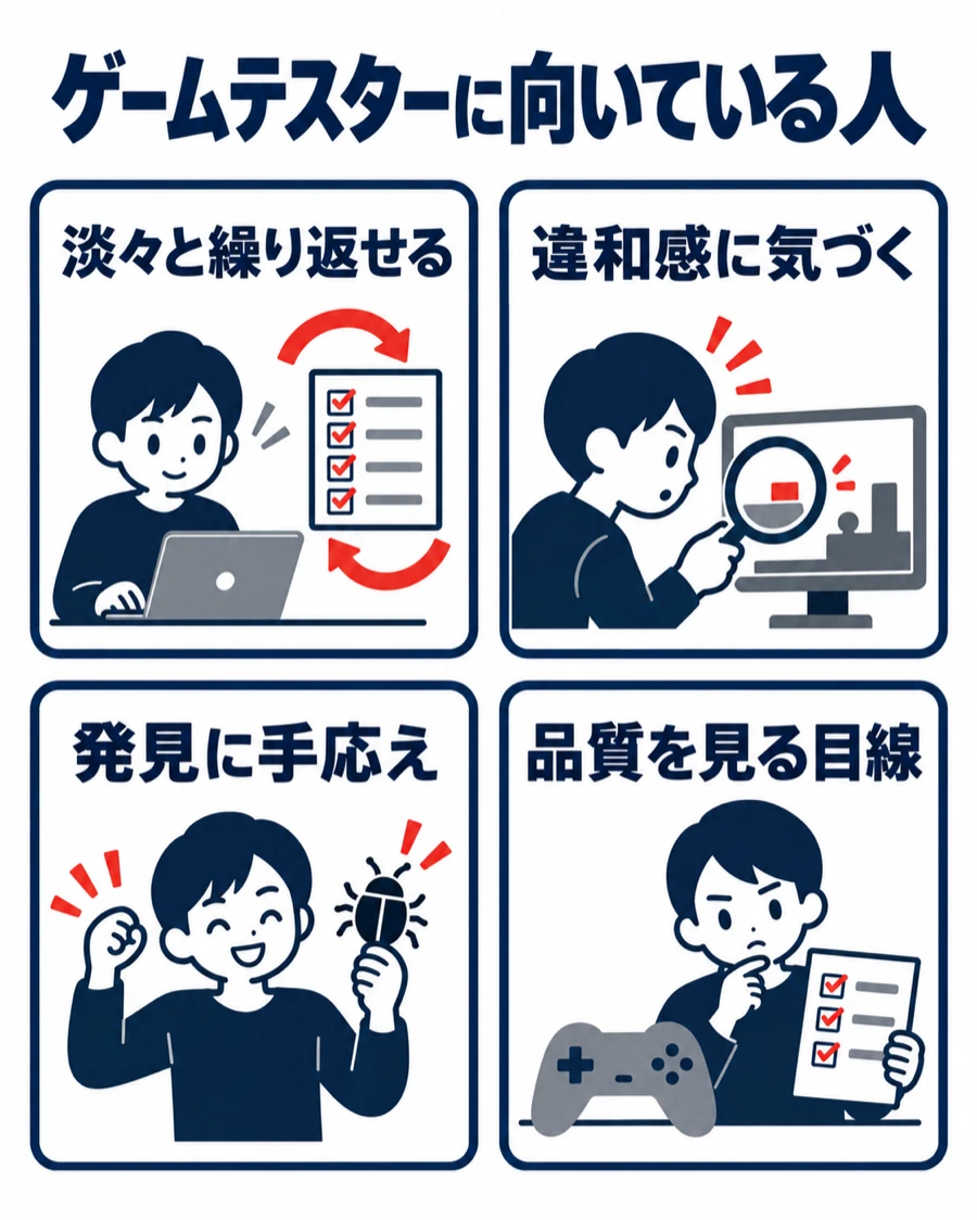 ゲームテスターに向いている人の4つの特徴（淡々と繰り返せる・違和感に気づく・発見に手応え・品質を見る目線）