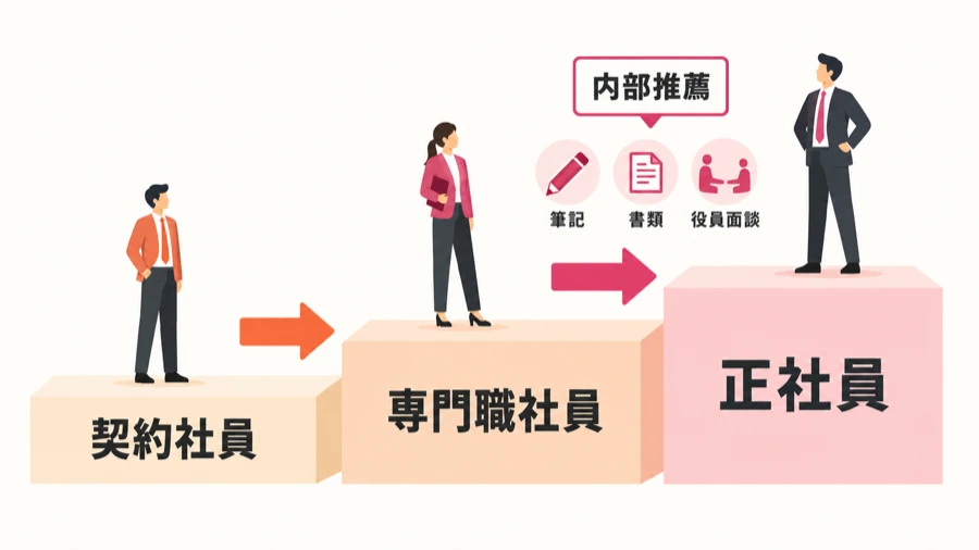 ぴあの契約社員から専門職社員を経て正社員に至る登用の段階図。正社員登用は内部推薦のうえ筆記・書類・役員面談を通る