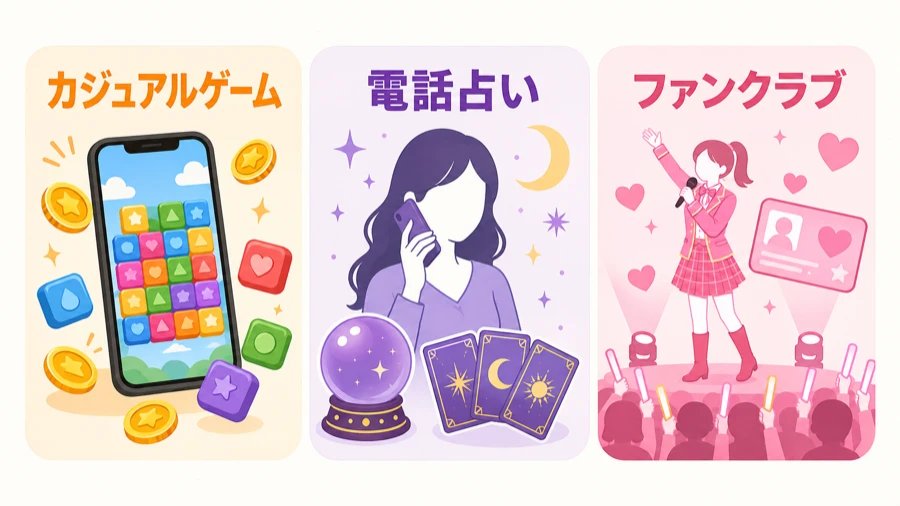 東京通信グループの3事業であるカジュアルゲーム・電話占い・ファンクラブをそれぞれの場面で描いたイラスト