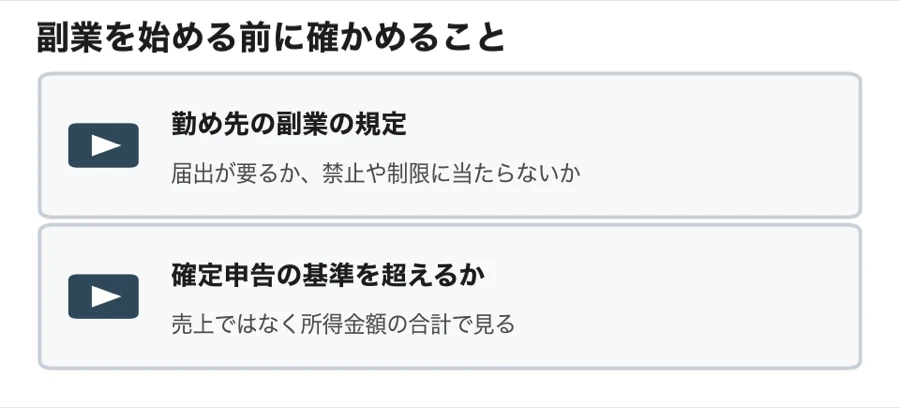 副業を始める前に確かめること(勤め先の副業の規定と、確定申告の基準を超えるか)